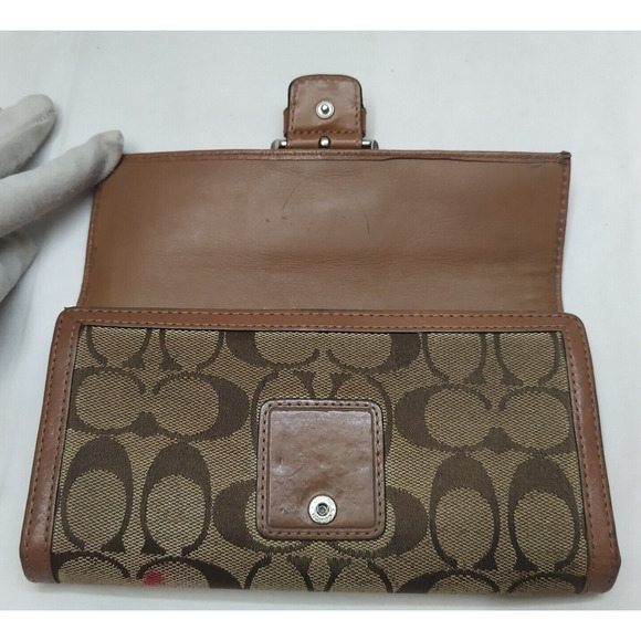 Coach Signature Brown Canvas Leather Buckle Credit Card Trifold Wallet - Picture 9 of 16